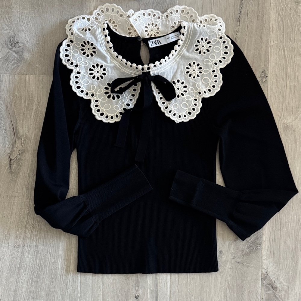 Zara Black Top with Cream Lace Bib Collar bow